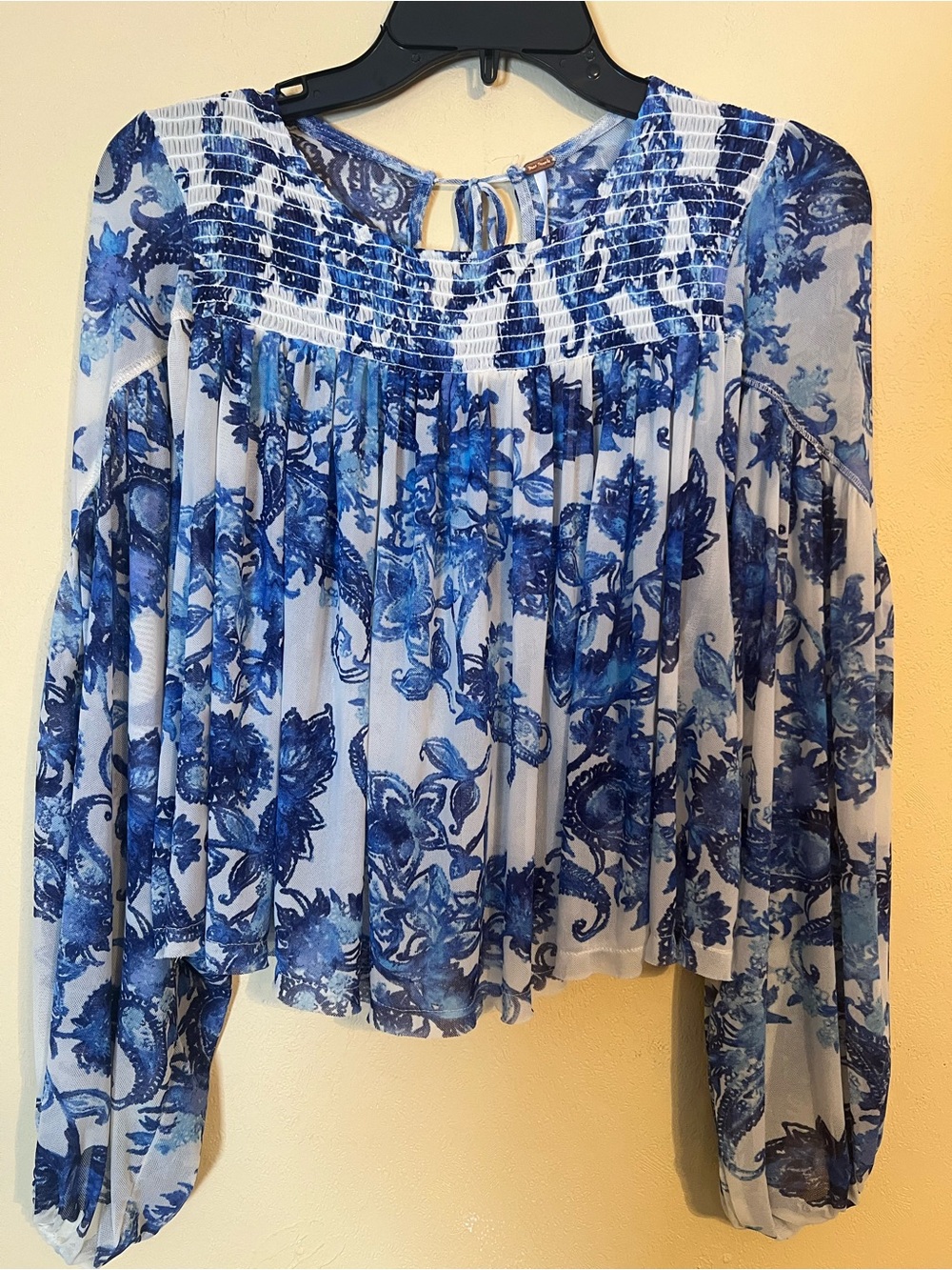 Free People Blue Floral Smocked Peasant Blouse